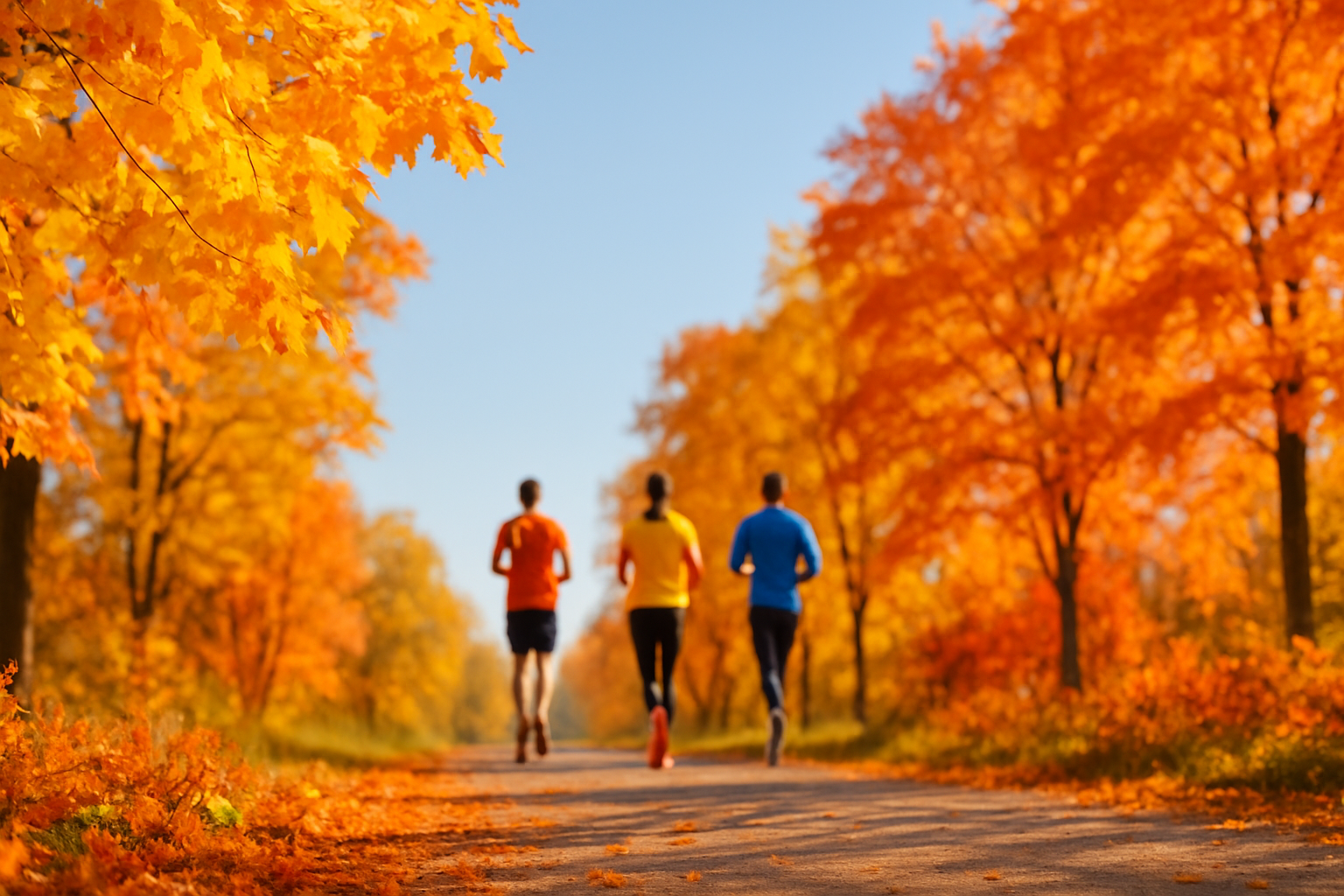 a banner image showing fall colors and running blurry in the distance. clean birhgt sunny day invoking a feel. good