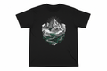 black grpahic tee with mountain graphics, on white background