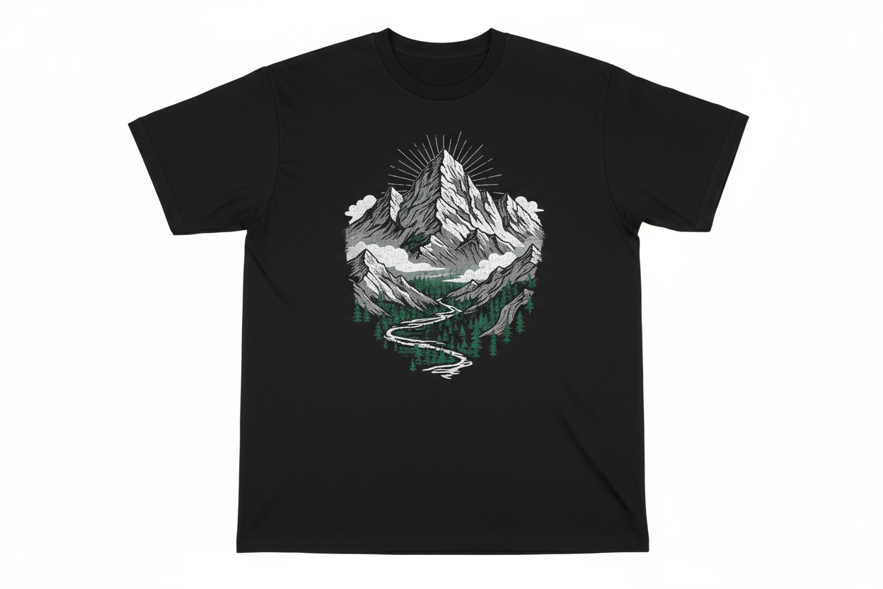 black grpahic tee with mountain graphics, on white background