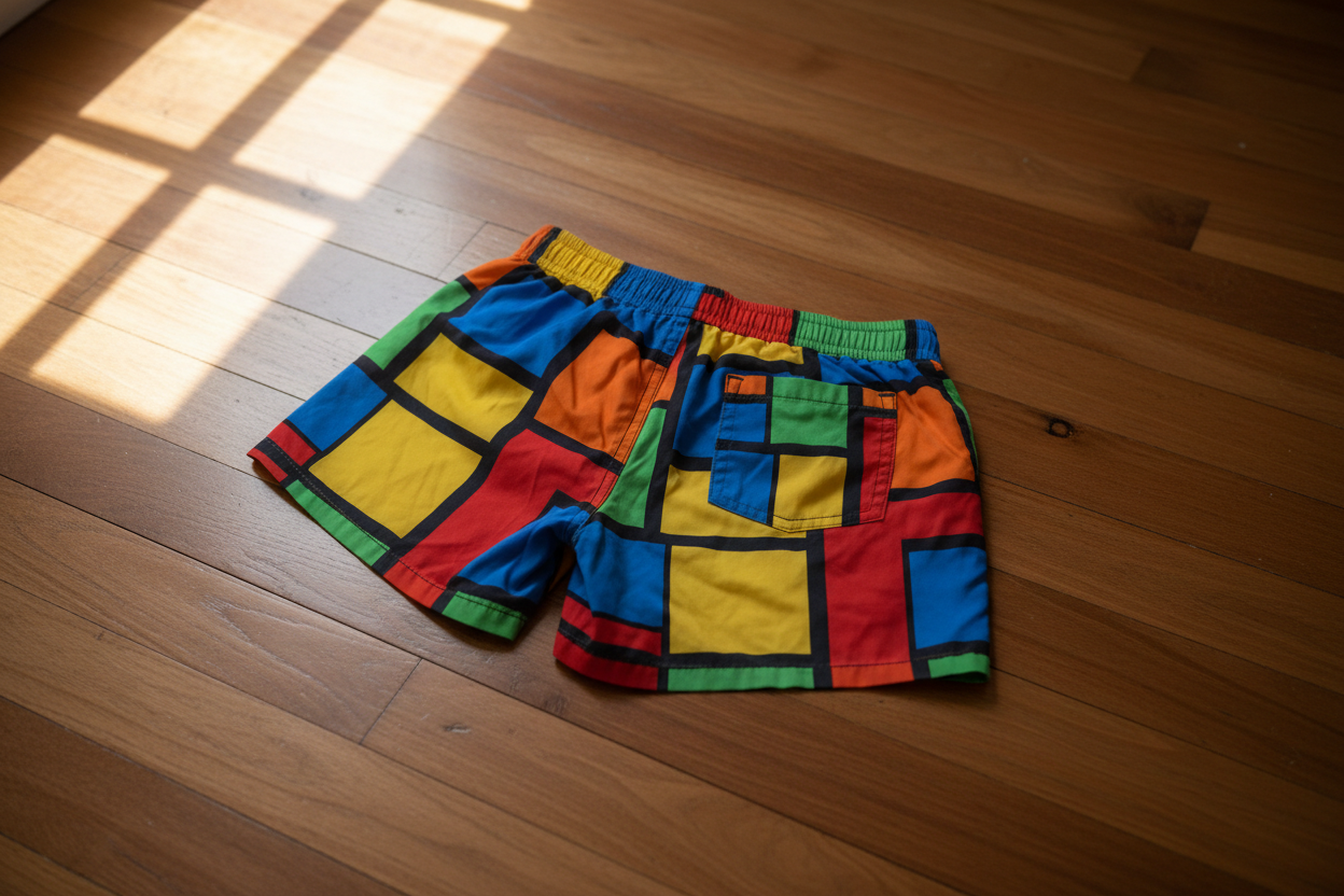 one pair of colorful short on the wooded floor