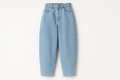 summer 90s ankle length barrel jeans on white background