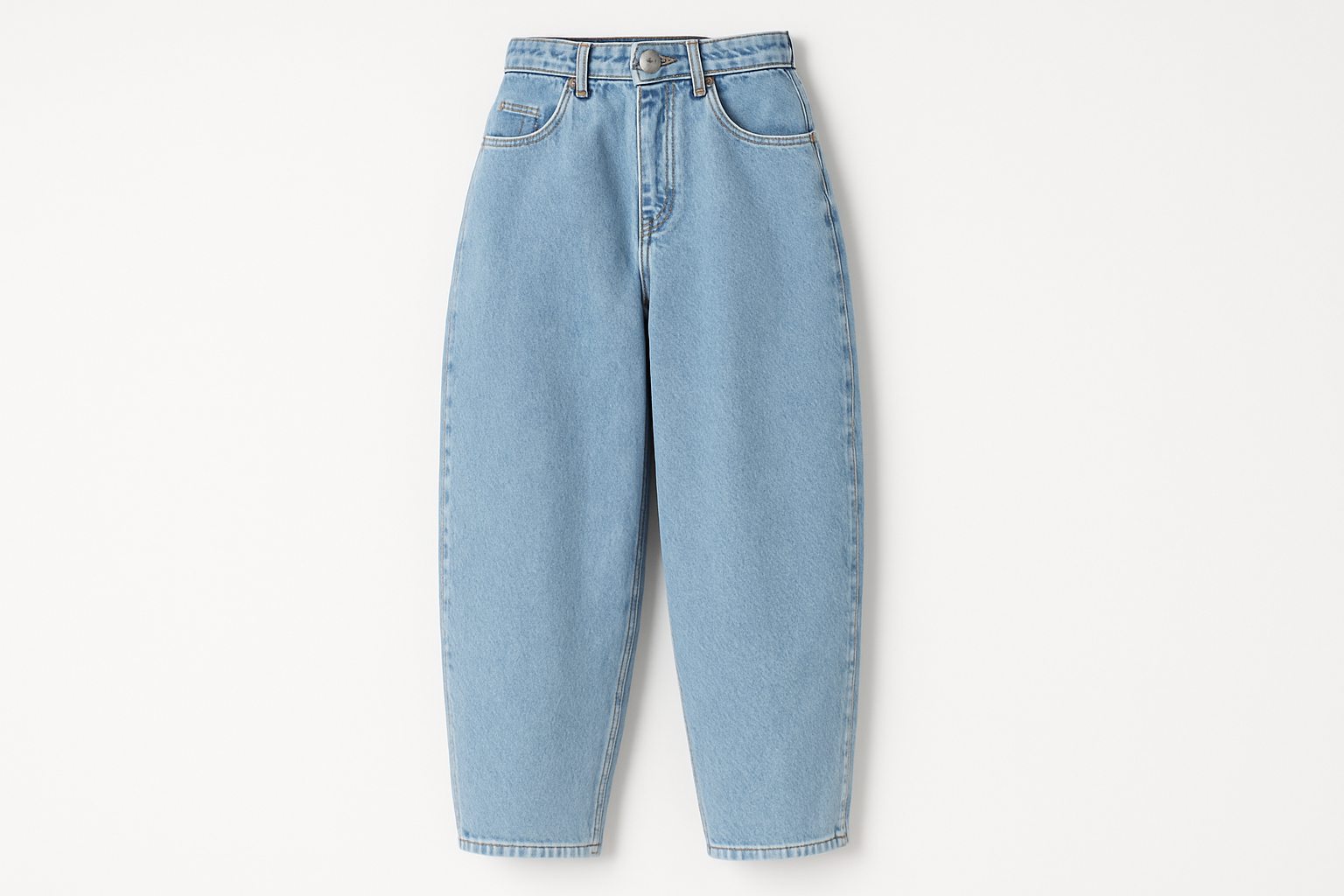 summer 90s ankle length barrel jeans on white background