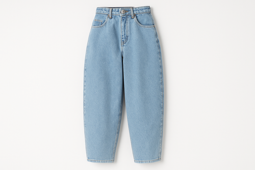 summer 90s ankle length barrel jeans on white background