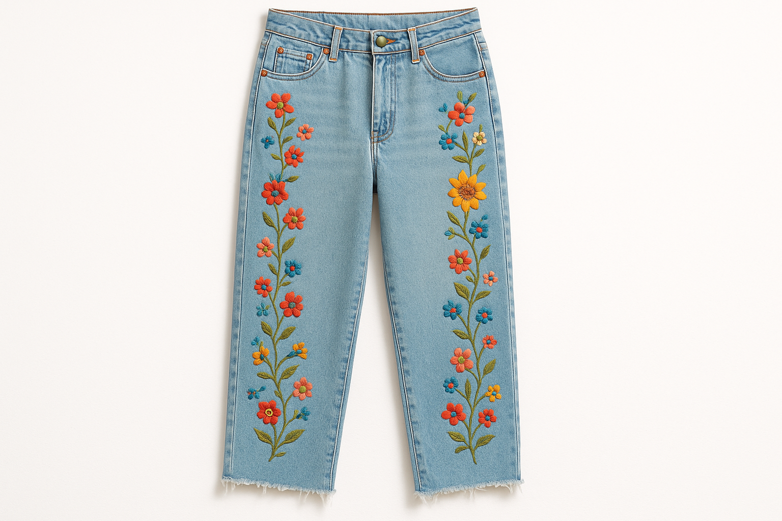 summer 90s ankle length embroidered jeans on white background